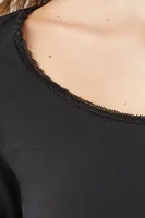 Women's Lace-Trim Long-Sleeve Top in Black, XL