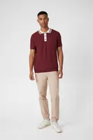 Men Striped-Trim Polo Shirt in Burgundy/Cream Medium