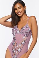 Women's Mesh Butterfly Lingerie Bodysuit in Black/Sugarplum, XL