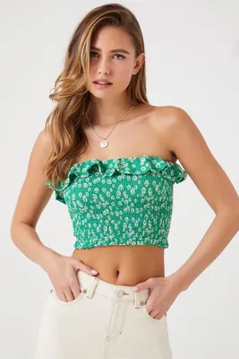 Women's Ditsy Floral Cropped Tube Top in Lime, XL