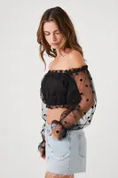 Women's Polka Dot Off-the-Shoulder Crop Top in Black Small