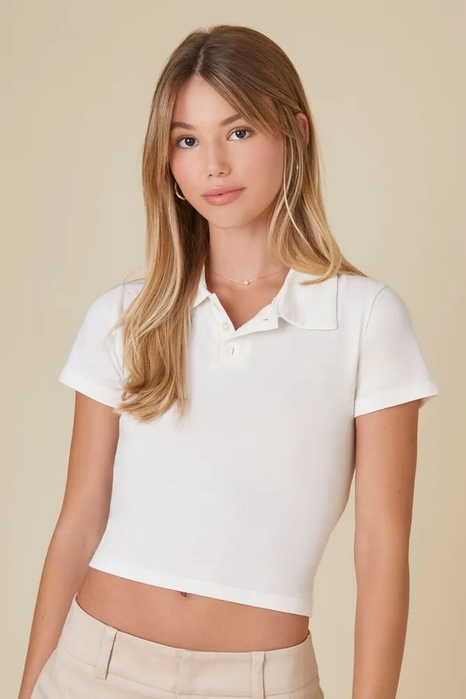 Women's Cropped Jersey-Knit Polo Shirt in White, XL