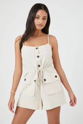 Women's Drawstring Button-Front Romper in Taupe, XS