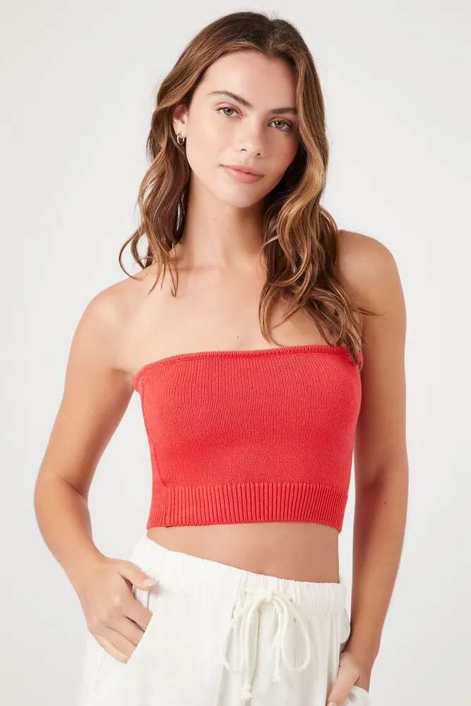 Women's Cropped Sweater-Knit Tube Top in Watermelon Small