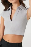 Women's Ribbed Split-Neck Crop Top in Harbor Grey Medium