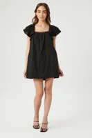 Women's Flounce-Sleeve Mini Shift Dress in Black Medium