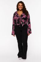 Women's Floral Ruffled Split-Hem Top in Black, 0X