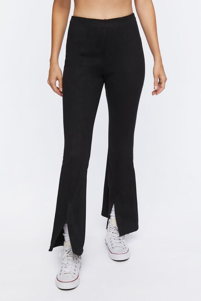 Faux Leather High Waist Split Hem Pants - Black