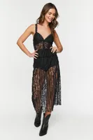 Women's Sheer Lace Slit Midi Dress in Black Small