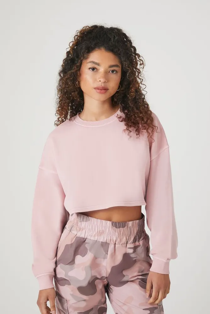 Women's Cropped French Terry Pullover in Pale Mauve Small