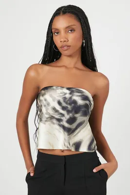 Women's Satin Abstract Print Strapless Top in Black Small