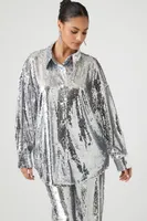 Women's Metallic Sequin Shirt & Pants Set Silver