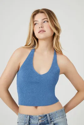 Women's Sweater-Knit Cropped Halter Top in Blue Large