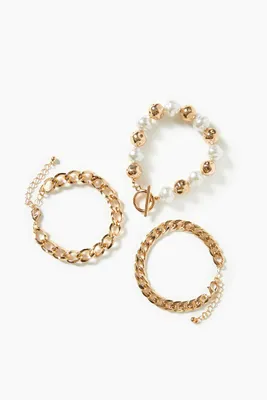 Women's Faux Pearl & Curb Chain Bracelet Set in Gold/Cream