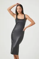 Women's Faux Leather Midi Bodycon Dress in Black Medium