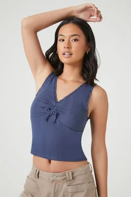 Women's Pointelle Knit Cropped Tank Top in Blue, XL