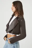 Women's Faux Leather Cropped Moto Jacket in Brown Medium