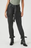 Women's Faux Leather Tie-Waist Cargo Pants Black