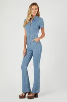 Women's Zip-Up Denim Short-Sleeve Jumpsuit in Light Denim, XL