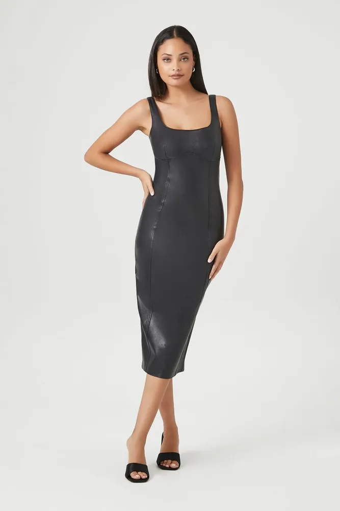 Women's Faux Leather Midi Bodycon Dress in Black Small