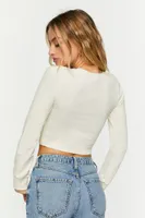 Women's Ribbed Long-Sleeve Crop Top in Cream, XL