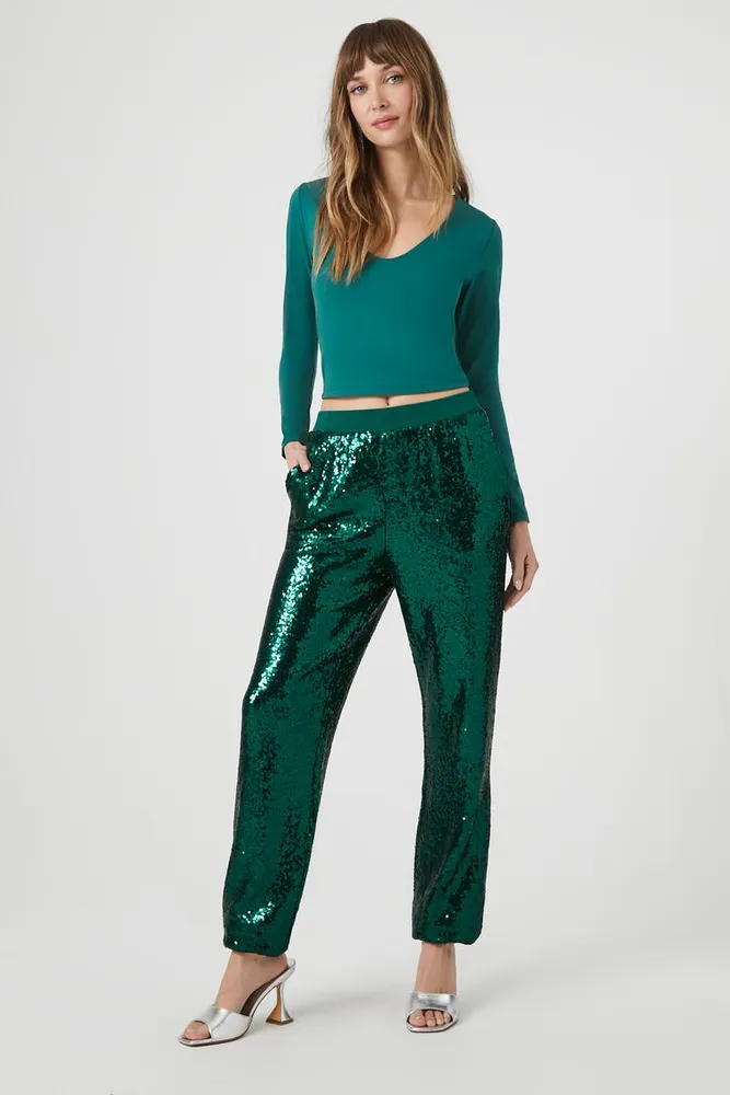 Women's Sequin Mid-Rise Ankle Joggers in Hunter Green Medium