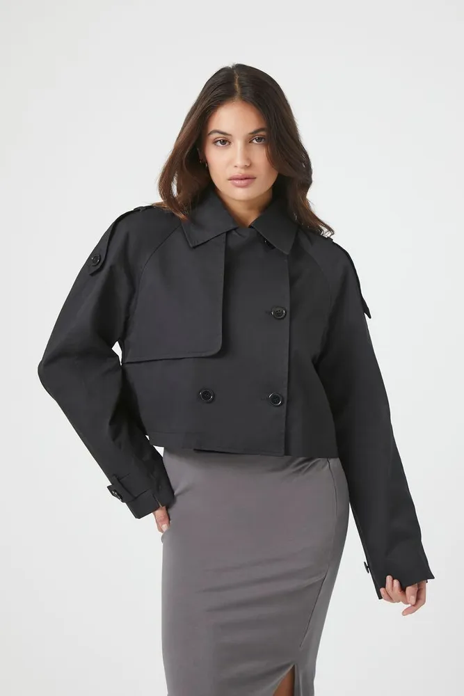 Women's Double-Breasted Cropped Trench Coat in Black Medium