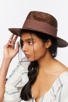 Ribbon-Trim Straw Fedora in Dark Brown, S/M