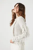 Women's Fringe Cable Knit Sweater in Heather Grey Small