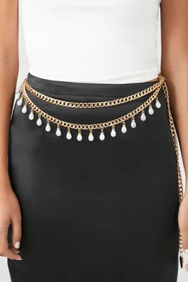 Faux Pearl Curb Chain Belt in Gold