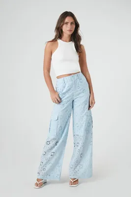 Women's Floral Eyelet Cargo Pants in Light Blue, XL