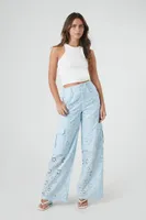 Women's Floral Eyelet Cargo Pants in Light Blue, XL