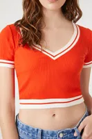 Women's Varsity-Striped Cropped T-Shirt in Fiery Red/Vanilla Medium