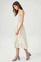 Women's Floral Print Smocked Midi Dress in Ivory Medium