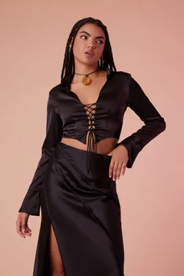 Women's Satin Lace-Up Crop Top Large