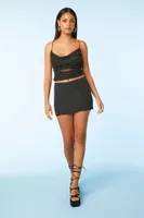 Women's Mesh Rhinestone Cowl Neck Crop Top in Black Small