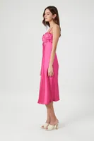 Women's Lace-Trim Satin Midi Slip Dress in Fuchsia Small