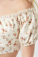 Women's Satin Floral Print Crop Top in Cream Small