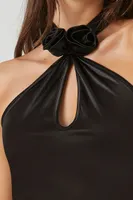 Women's Satin Rosette Halter Bodysuit in Black Small