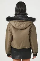 Women's Faux Fur-Trim Bomber Jacket in Olive/Black Large