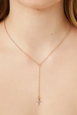 Women's Rhinestone Cross Y-Chain Necklace in Gold