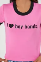 Women's I Love Boy Bands Graphic Ringer T-Shirt in Pink Medium