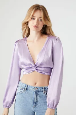 Women's Twisted Satin Crop Top in Purple Small