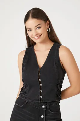 Women's Sleeveless Button-Front Crop Top in Black Small