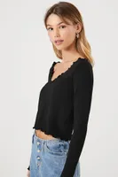 Women's Lettuce-Edge Long-Sleeve Top in Black, M/L