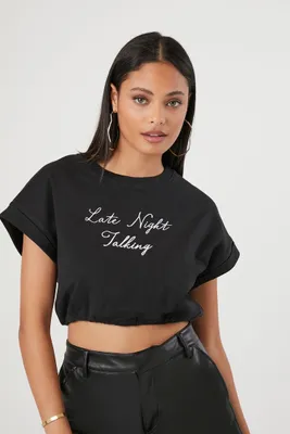 Women's Late Night Talking Cropped T-Shirt in Black/Cream Small
