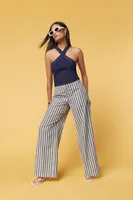 Women's Linen-Blend Striped Wide-Leg Pants in Navy/White Small