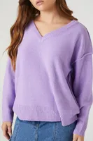 Women's Ribbed-Trim V-Neck Sweater in Purple Small