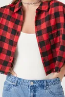 Women's Buffalo Plaid Cropped Flannel Shirt in Red/Black Medium