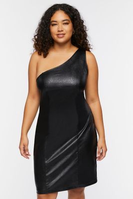 Women's Faux Leather One-Shoulder Dress in Black, 0X